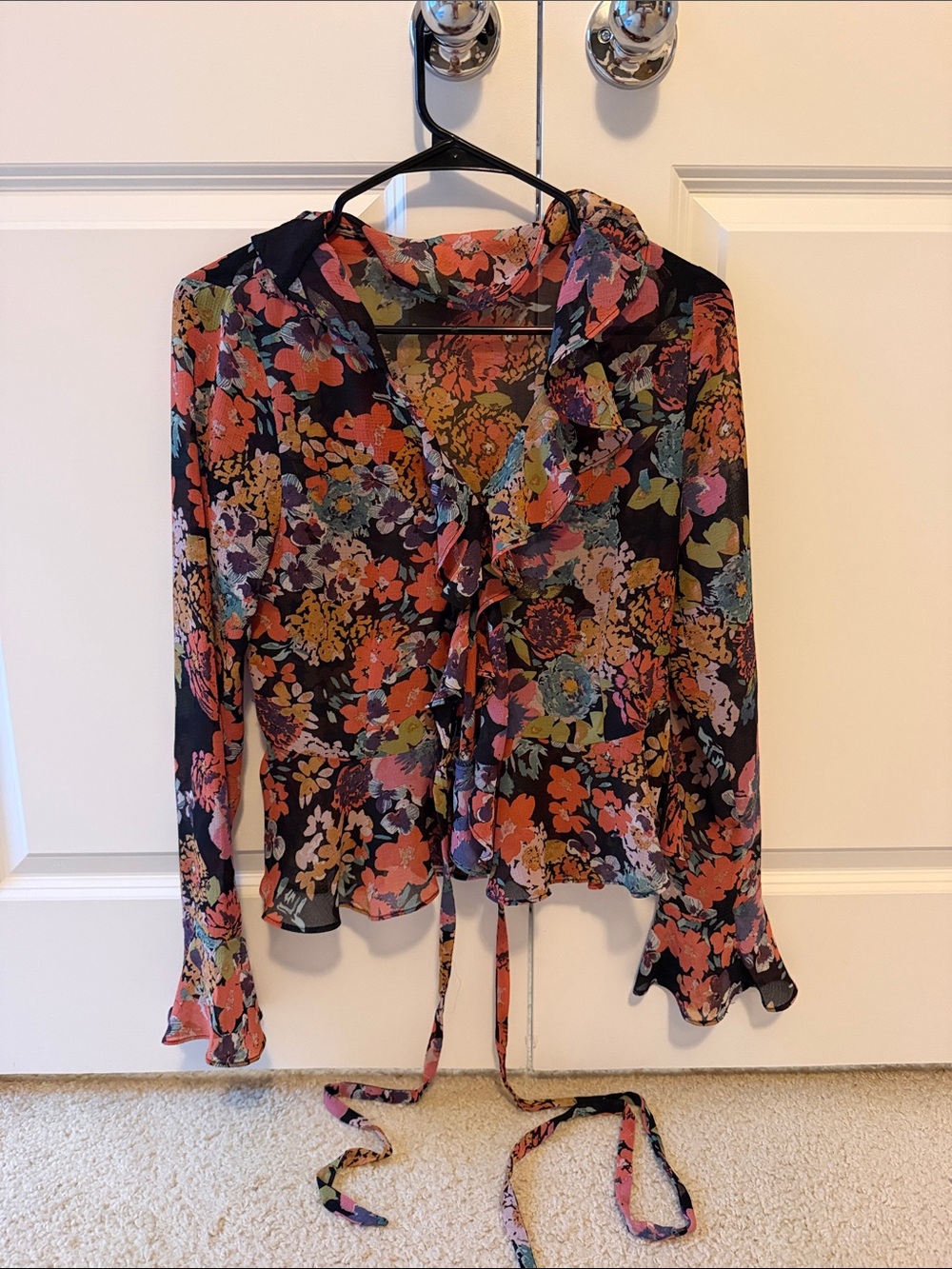 Vici Black Multi Floral Tie-Waist Long Sleeve Blouse